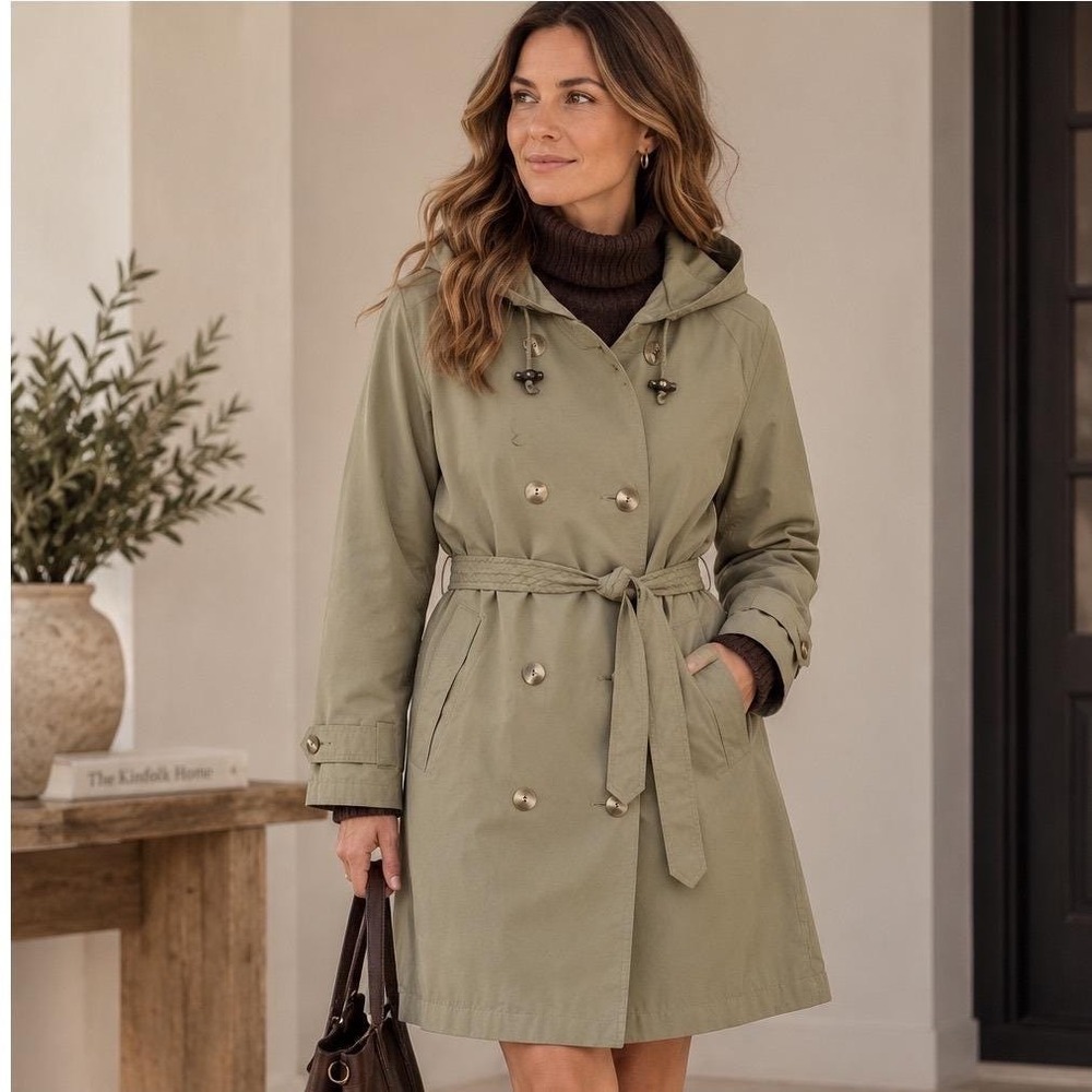 Vintage LL Bean Lightweight Hooded Trench Coat Packable Sage Green Petite S 90s
